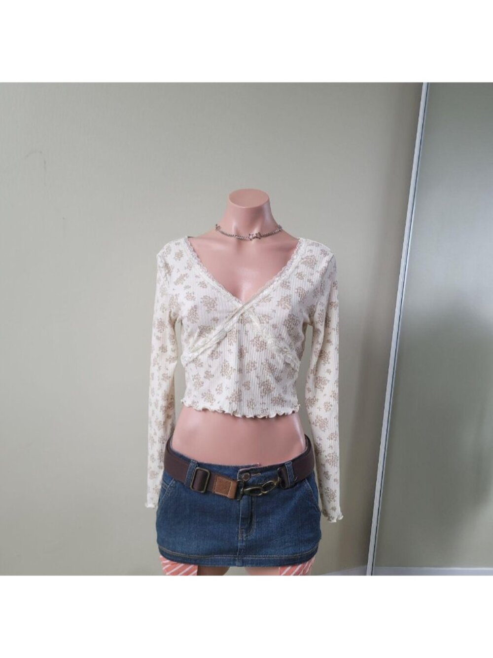 Beige Floral Pattern Mesh Lace Deep V-Neck Crop Long Sleeve (M)